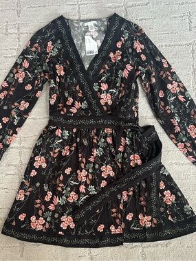 New H&M Black Floral Wrap Dress with Pink Flowers